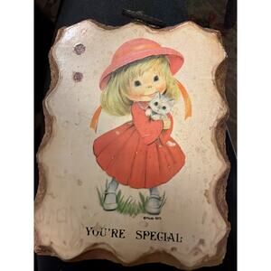Vtg 70s Paula Cutes You’re Special‎ Wall Decor Little Girl Pink Hat4.5x3.5